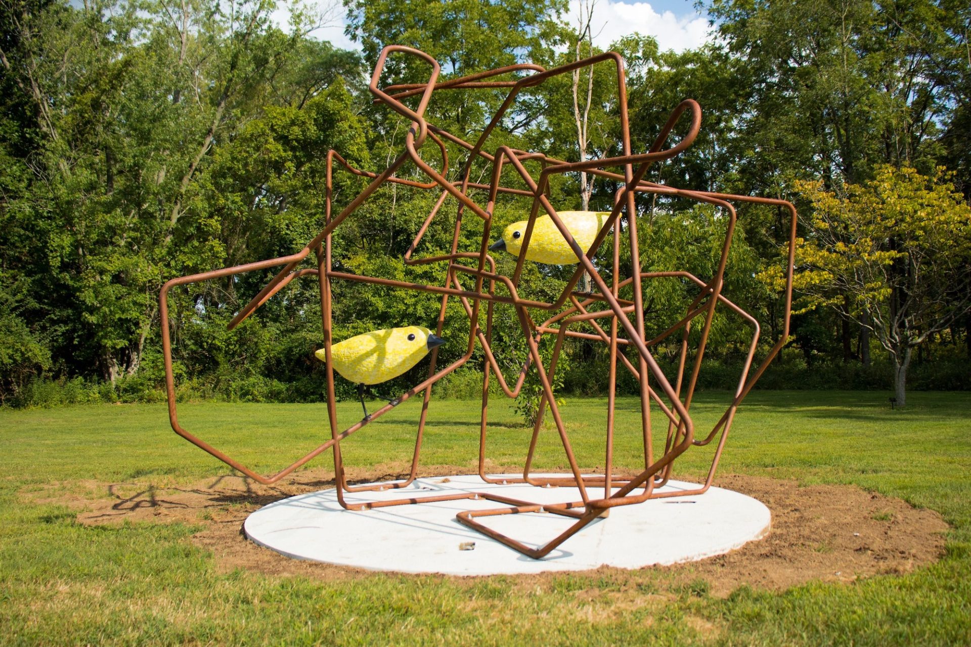 A metal sculpture of intertwining rods with two yellow metal birds inside. 