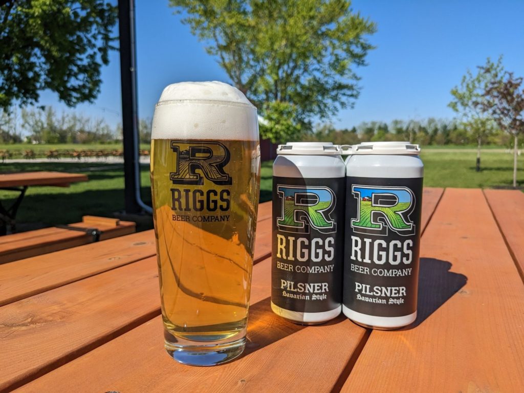 A pint of beer sits on a picnic table with two cans of riggs beer