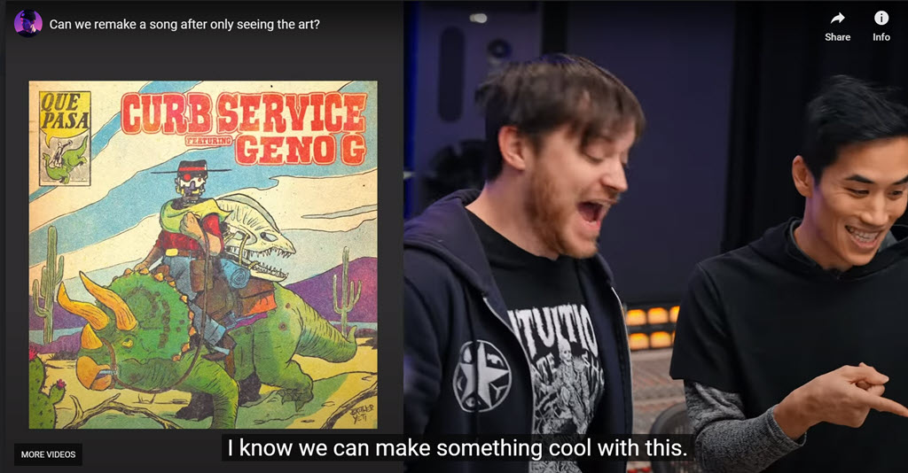 Screen capture of YouTube video with the album cover of Curb Service's album Que Pasa on the left, and musician's Rob Scallion and Andrew Huang looking at another copy of the right.