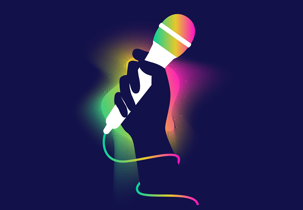 Graphic of a black hand holding a white and multi-colored neon microphone that's glowing against a solid dark blue background