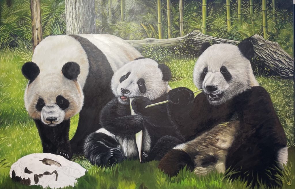 A painting a mother panda with her two babies in a forest on green grass. 