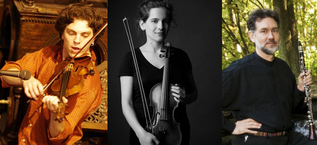 3 separate photos of musicians. On the left is a male dressed in an orange shirt playing a violin, in the middle is a black and white photo of a female looking into the camera while holding a violin and on the right is a man holding a clarinet in a black shirt standing outdoors