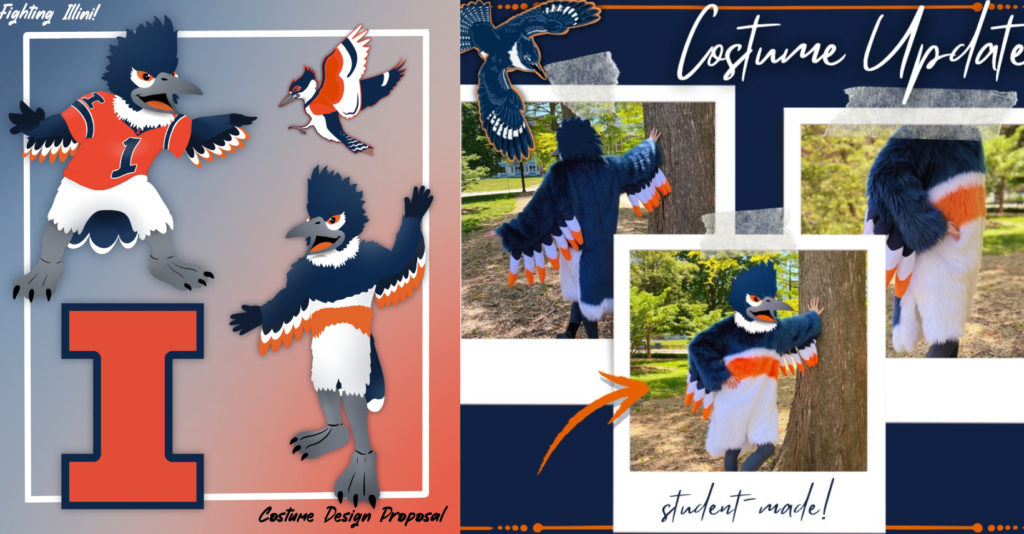 Two graphics, side by side. On the left, a drawing of a mascot costume design proposal. On the right, the body of the realized costume proposal. The costume is a blue and orange belted kingfisher bird.