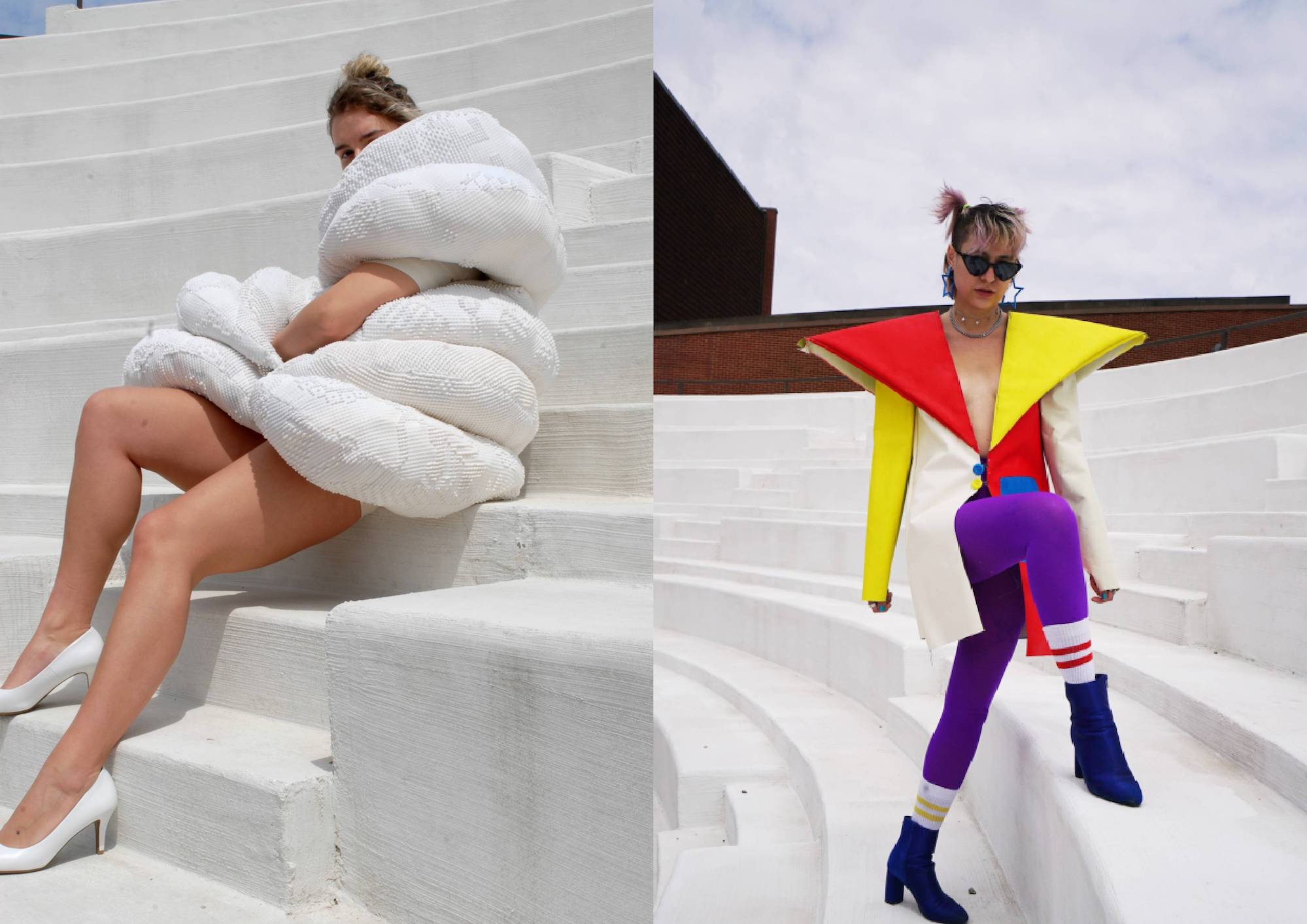 A collage of two side by side photos. In the left photo a woman sits on white stairs outside wearing a large white outfit that shields her face. In the right photo a model stands on the same stairs; she wears an extravagant purple yellow and red futuristic outfit.