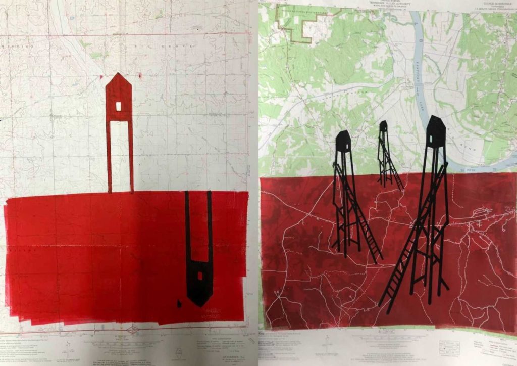 A side by side collage of two pieces by Robb Springfield. Stilt houses are painted on a large chunk of red on top of an Illinois map