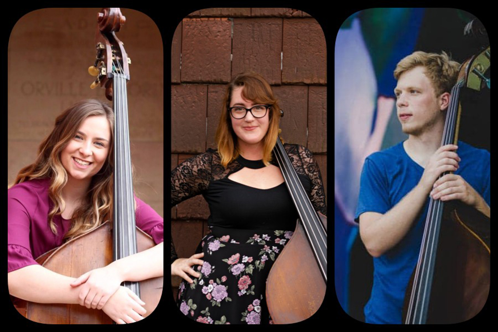 3 separate photos of 3 musicians with upright bass instruments. The two on the left are female and there is one male on the right.