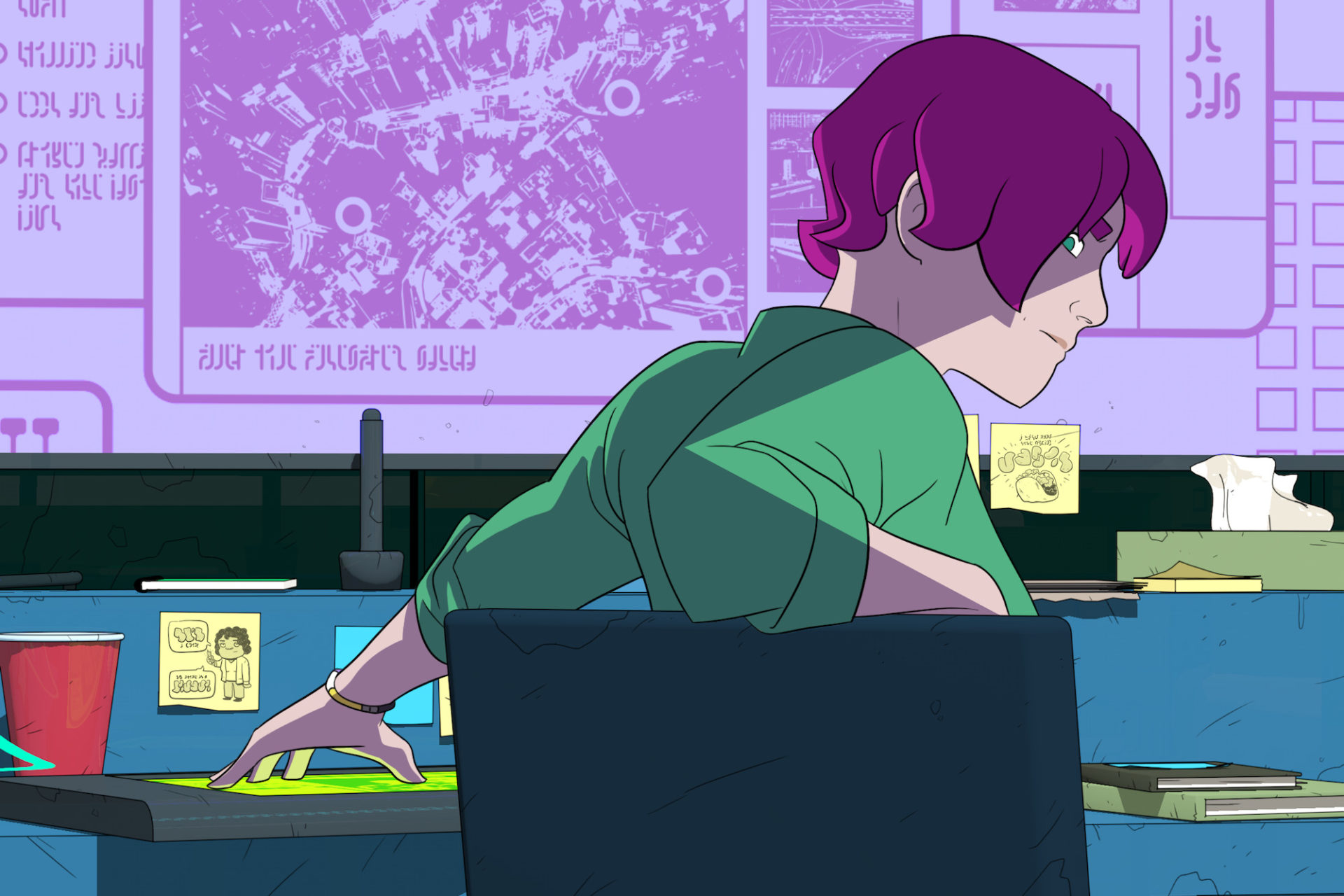 a digital drawing of "Audrey"; a white woman in a green shirt, sitting at a desk, turning in her chair to the right. The back wall is purple.