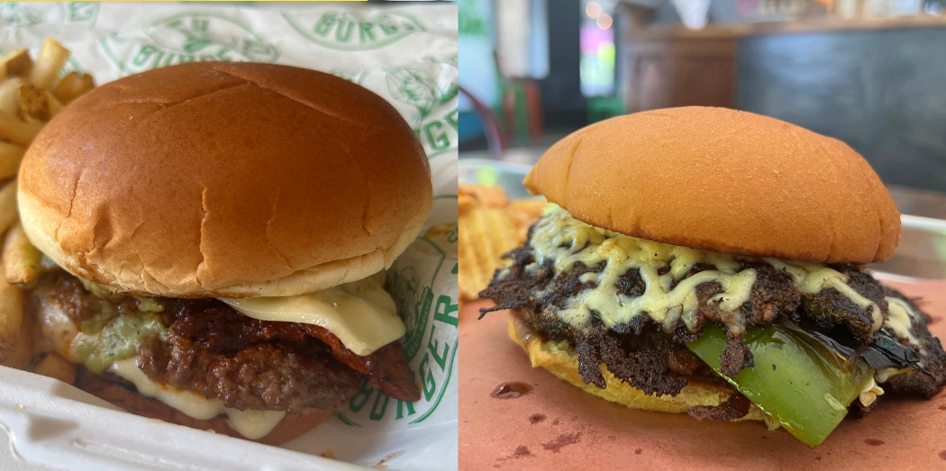 Two burgers are cropped ide by side. One on the left is from Smith Burger Co, and the one on the right is from The Space restaurant in Champaign, Illinois. Photo by Alyssa Buckley.
