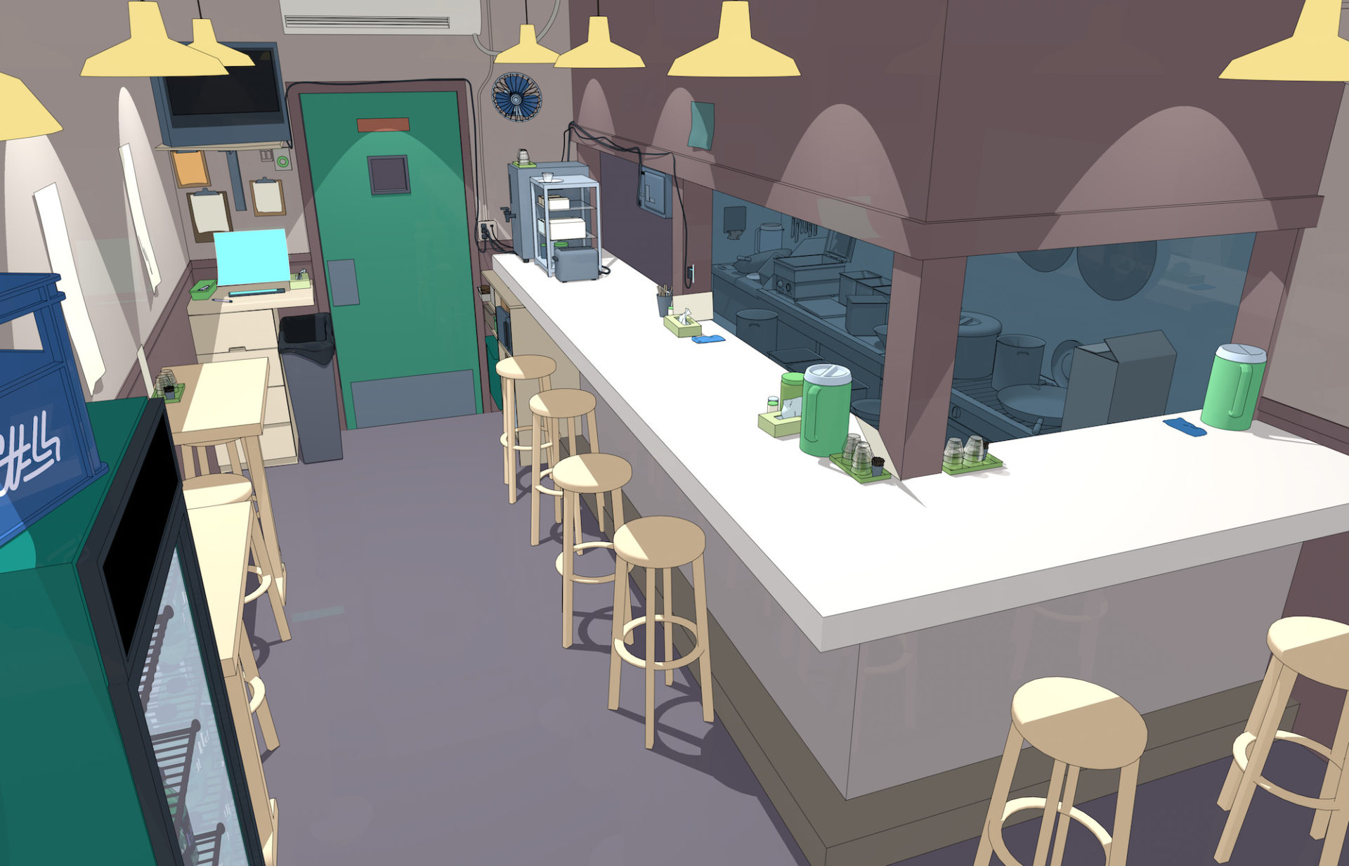 noodle shop digital drawing by Matt Wiley. On the right is an L shaped white bar with yellow barstools and yellow overhead lights. on the back wall is a green door. 
