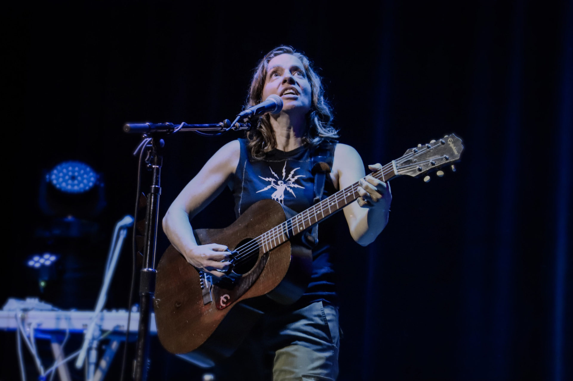 Ani DiFranco, a white woman with long hair, plays guitar on stage while singing into the microphone