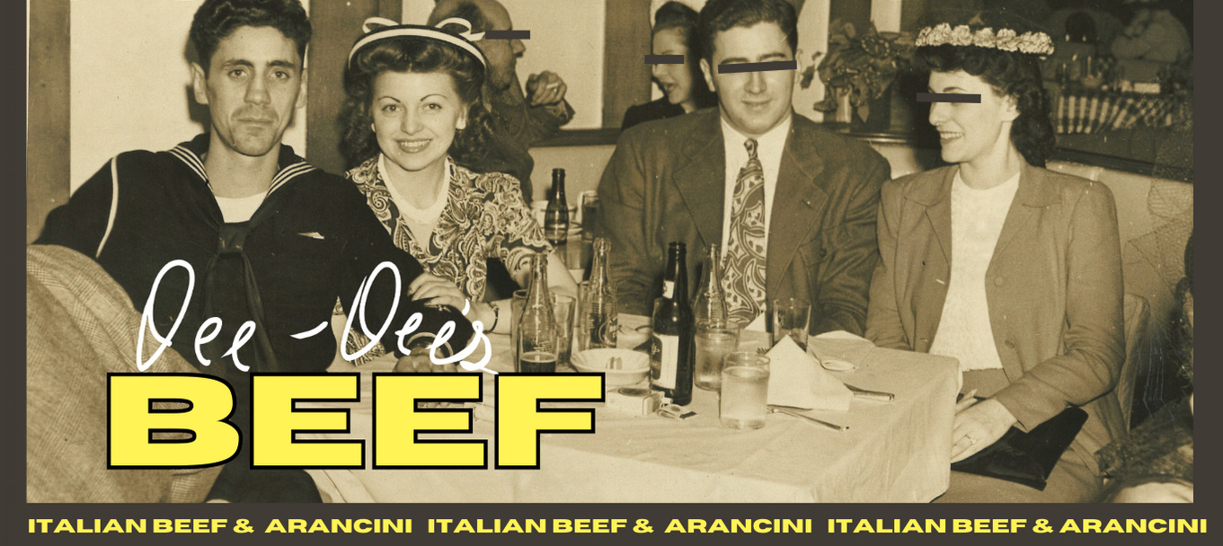 A cropped sepia-toned image of four white individuals in formal wear at a diner. In the bottom left corner in yellow ink, there is text reading "Dee-Dee's Beef." Photo by Dee-Dee's Beef.