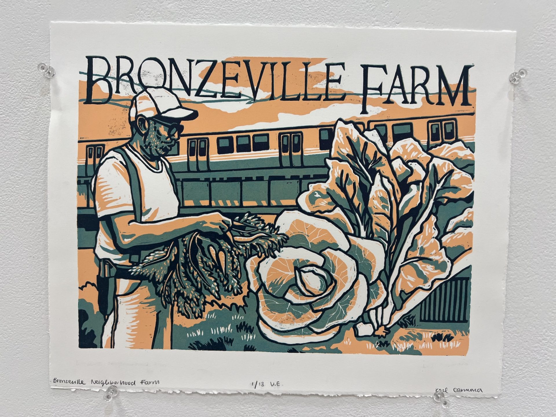 A orange and green print reads "Bronzeville Farm" at the top. There is a train the background with a farmer on the left, holding large leafy vegetables