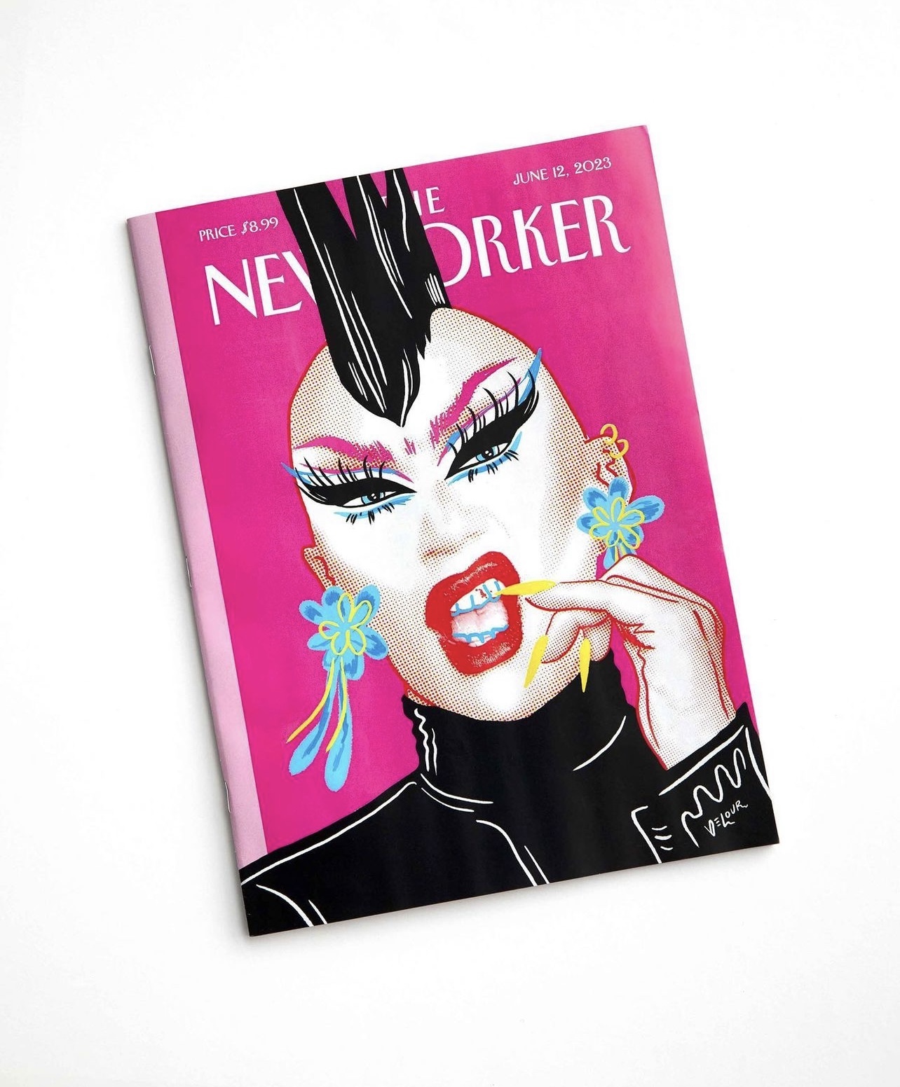 The recent cover of the New Yorker featuring art of Sasha Velour, an bald drag queen with a black mohawk. Velour is wearing a black high neck jacket, has bright red lips, pink eyebrows, exaggerated black eyeliner, and large turquoise earrings. Her pinky is touching her teeth. The background of the cover is hot pink.