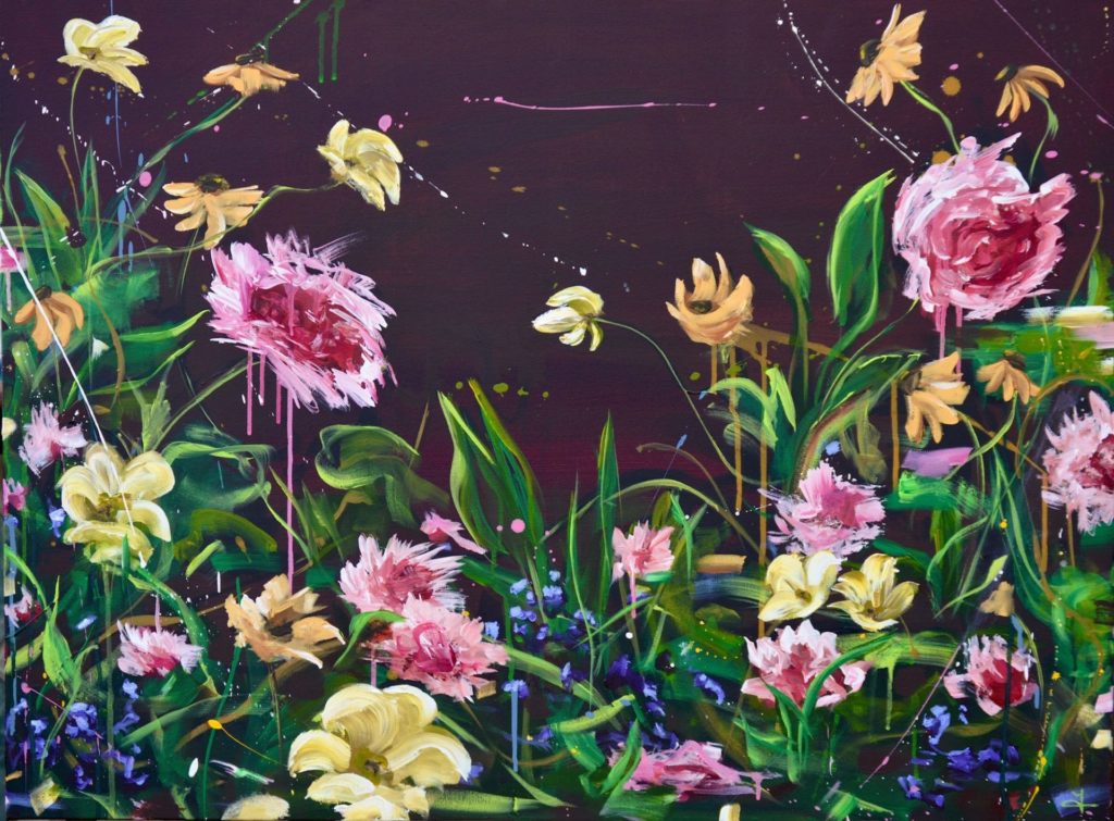 A large rectangular canvas. The background is plum, there are flowers of varying height taking up almost the entire canvas. 