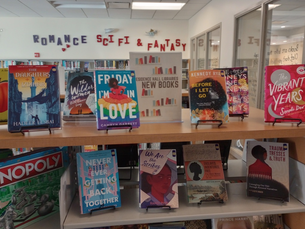 A book display of 3 levels of various book titles. On the wall behind the shelf you can see the sections for Romance and Sci Fi