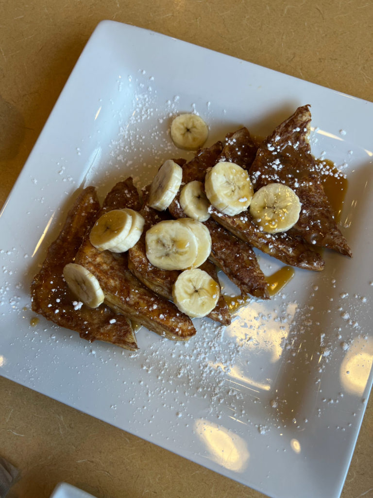 An overhead photo of the French toast at Just Yolkin. Photo by Rashmi Tenneti.