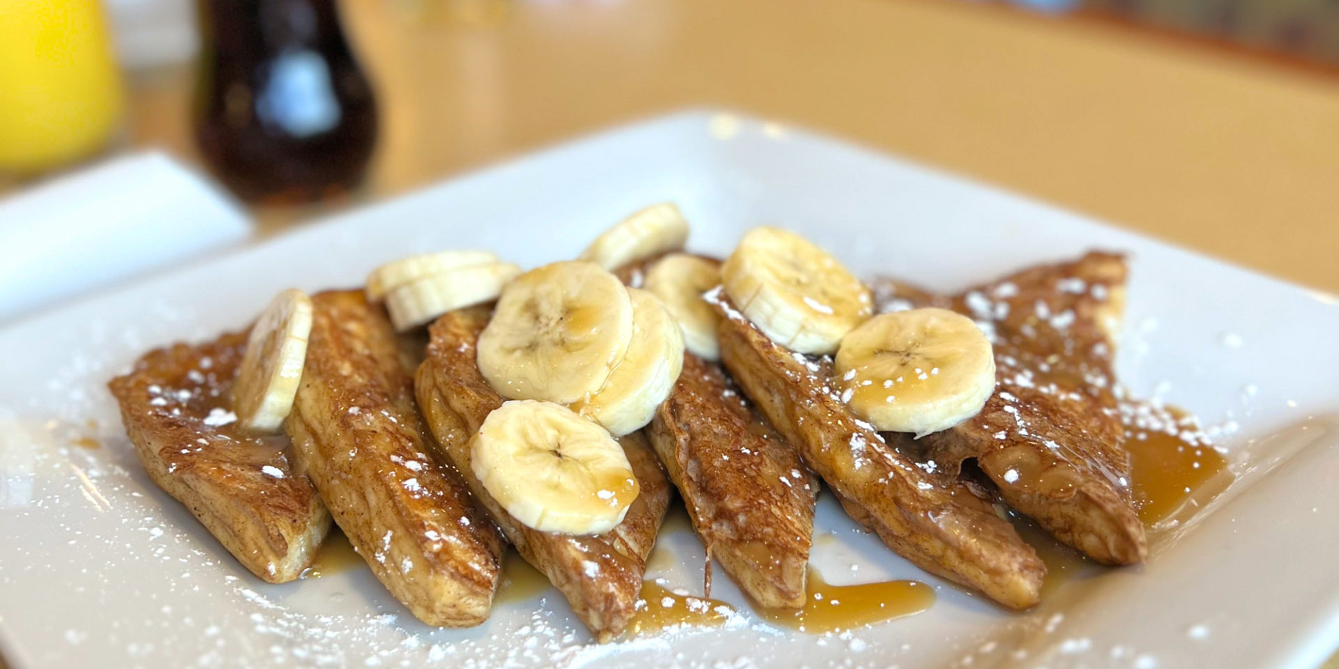 A cropped photo of the bananas foster french toast at Just Yolkin. Photo by Rashmi Tenneti.