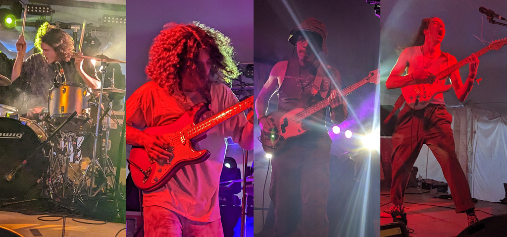 Four separate photos of the members of Kangaroo Court performing onstage. From left to right: The drummer, the guitarist, the bass player and the lead singer/guitarist.
