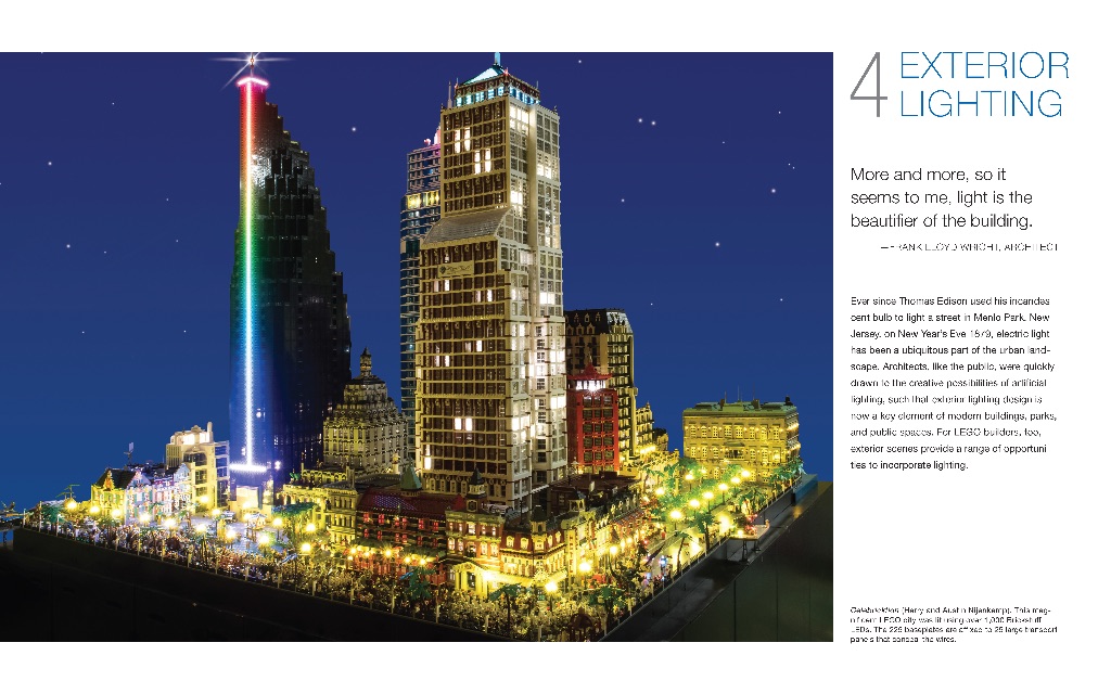 a page of The LEGO lighting book. A tall LEGO skyscraper and cityscape stands against a dark blue background. The LEGO's are lit with warm lights and a tower on the left has rainbow lights.