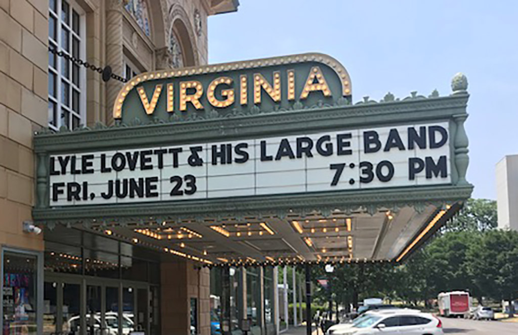 Marquee at Virginia Theater of Lyle Lovett and his Large Band, Fri Jun 23 at 7:30 p.m.