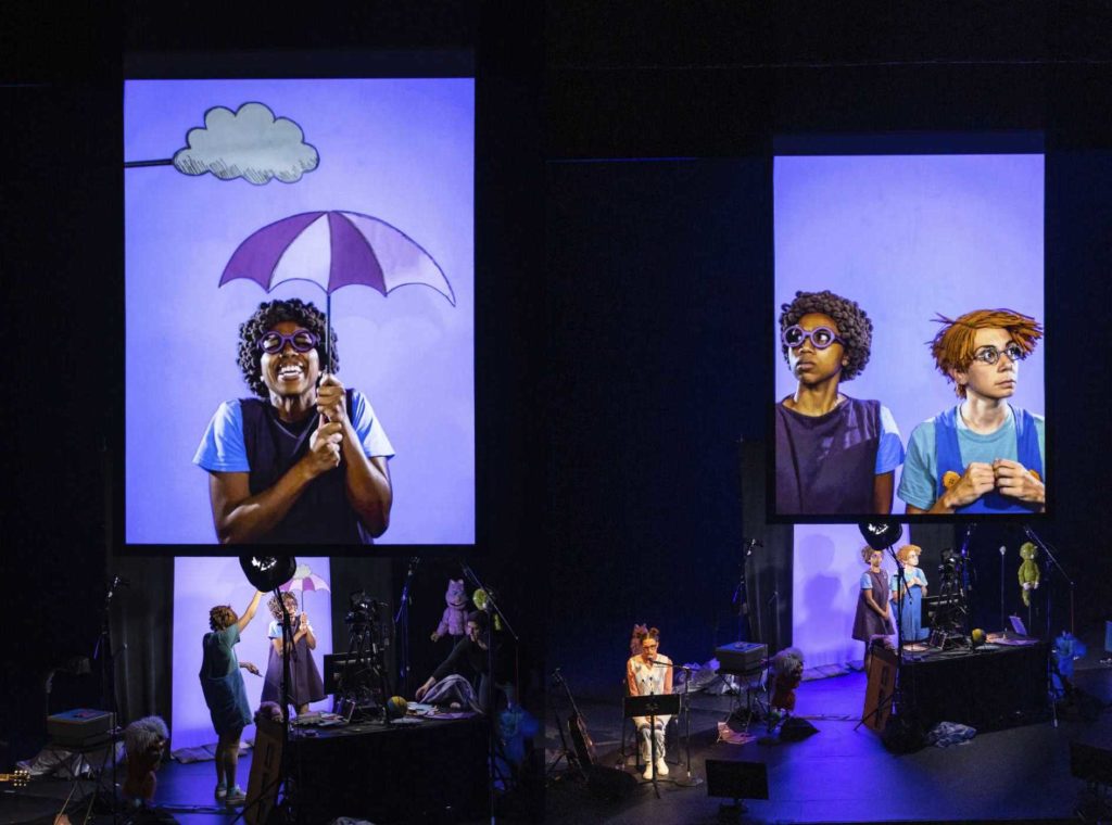 A collage of two photos from Manual Cinema Leonardo; a black woman is projected on screen holding a purple umbrella that looks like a drawing. You can see her on the stage as well. 