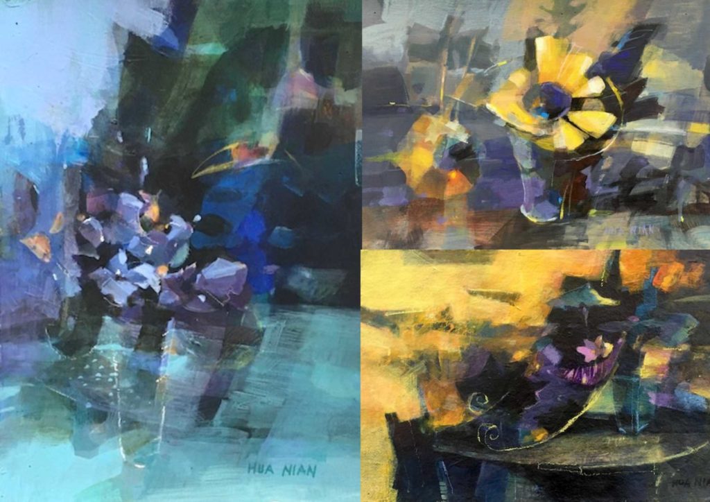 A collage of three abstract floral paintings. The painting on the left is mostly turquoise, blue, and purple; the two on the right are mostly yellow and black.  