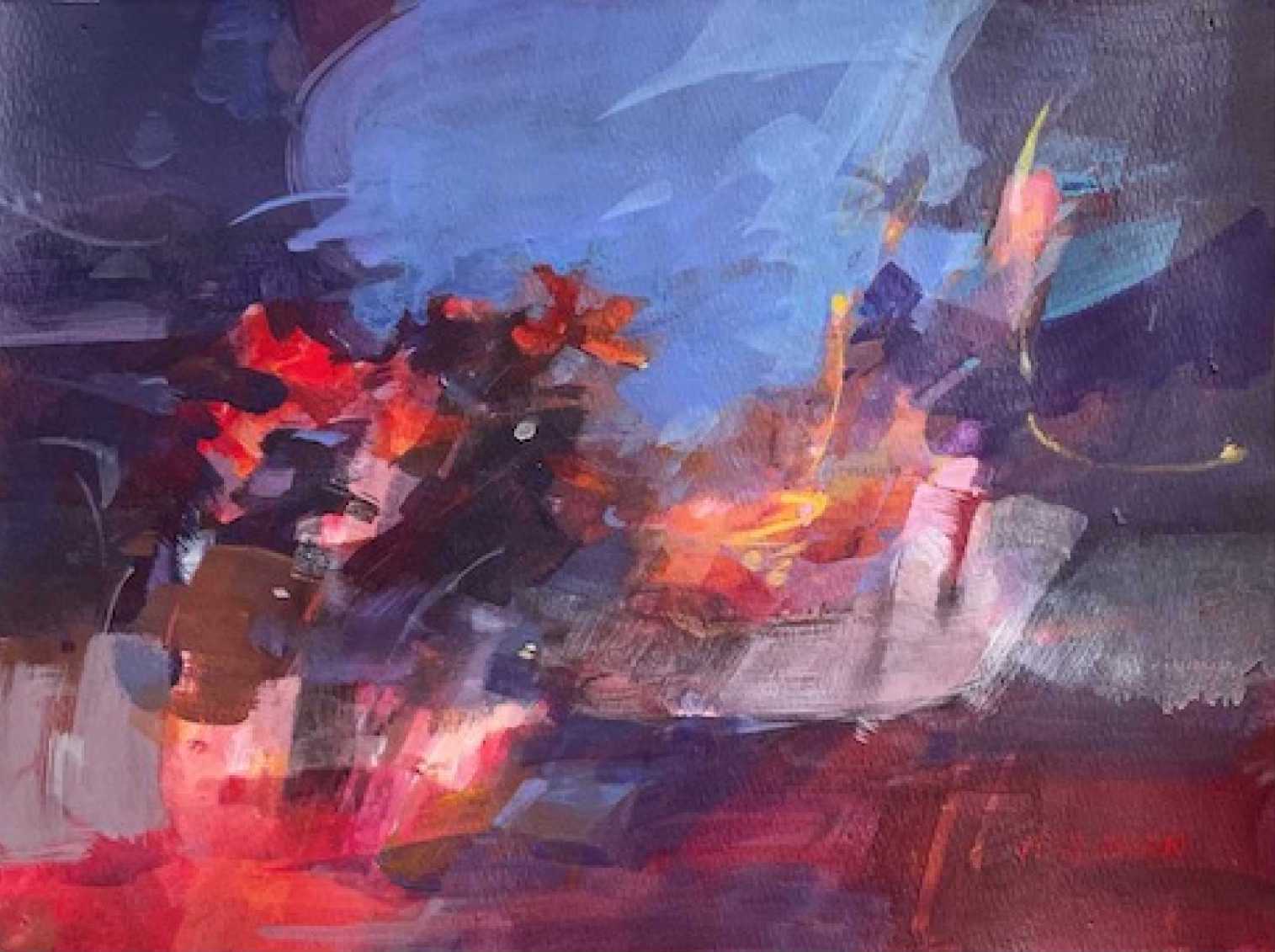 an abstract painting in blue, red, and pink
