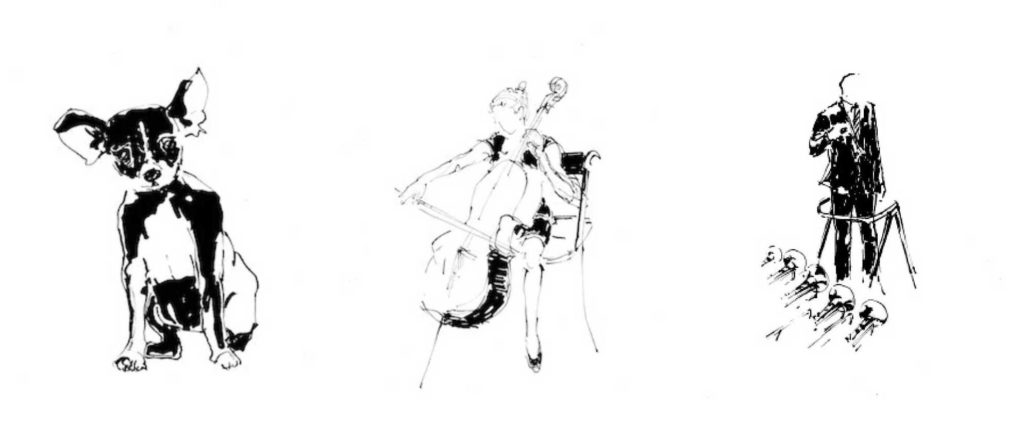 Three ink drawings by Hua Nian; on the left is a chihuahua, in the middle is a female cellist; on the right is a band director. 