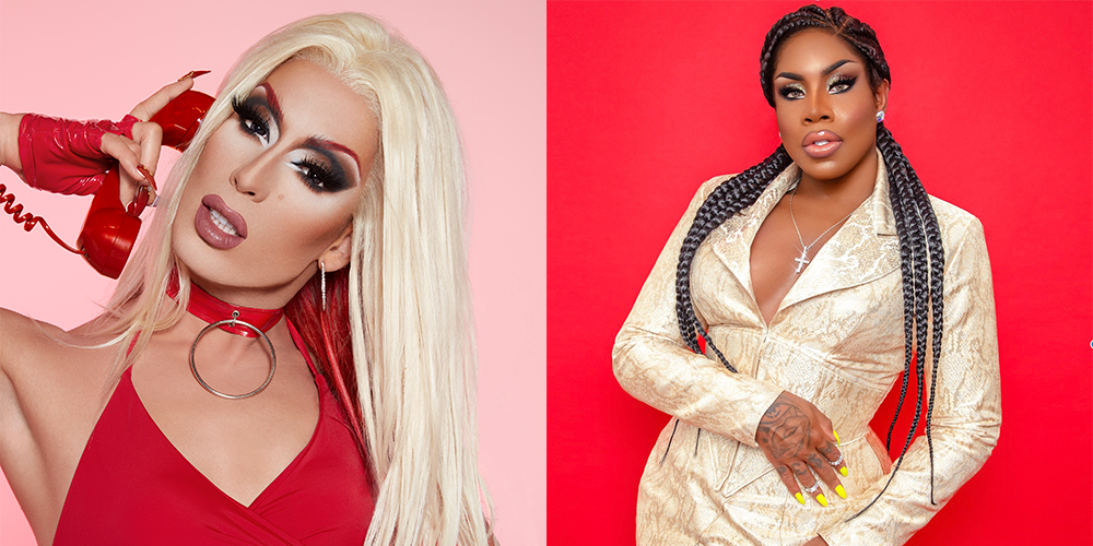 A photo collage of Alaska 5000 and Monet X Change. Alaska is white with long blonde straight hair. She is wearing a red halter top, red choker, red fingerless gloves, and has a red phone to one ear. Monet is standing with one arm across her stomach. She is Black and has long black braids. She is wearing a cream and gold jumpsuit with long sleeves.
