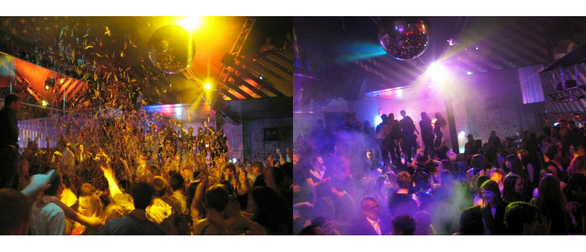 Two photos, side by side. On the left: Image from inside Chester Street bar depicting a packed dance floor, a large disco ball overhead, and confetti raining down on the crowd. Bar lighting is multicolored with a large golden light reflecting off of the disco ball. On the right: Image from inside Chester Street bar depicting a packed dance floor, a large disco ball overhead, and several people on what appears to be a stage in the background. Bar lighting is mostly purple with some blue.