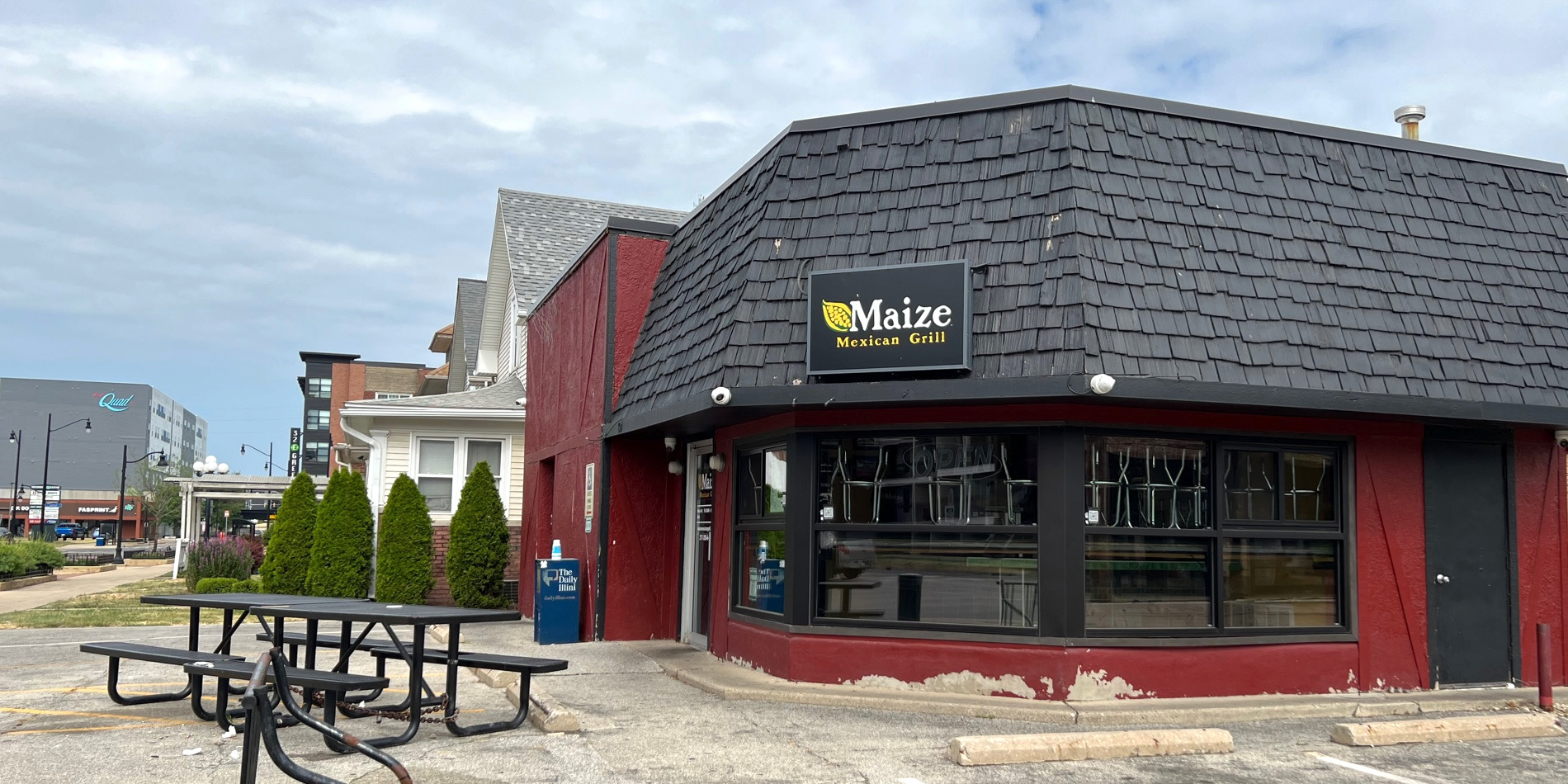 A cropped photo of the Maize on Green location at the corner of First Street and Green Street in Champaign. Photo by Alyssa Buckley.