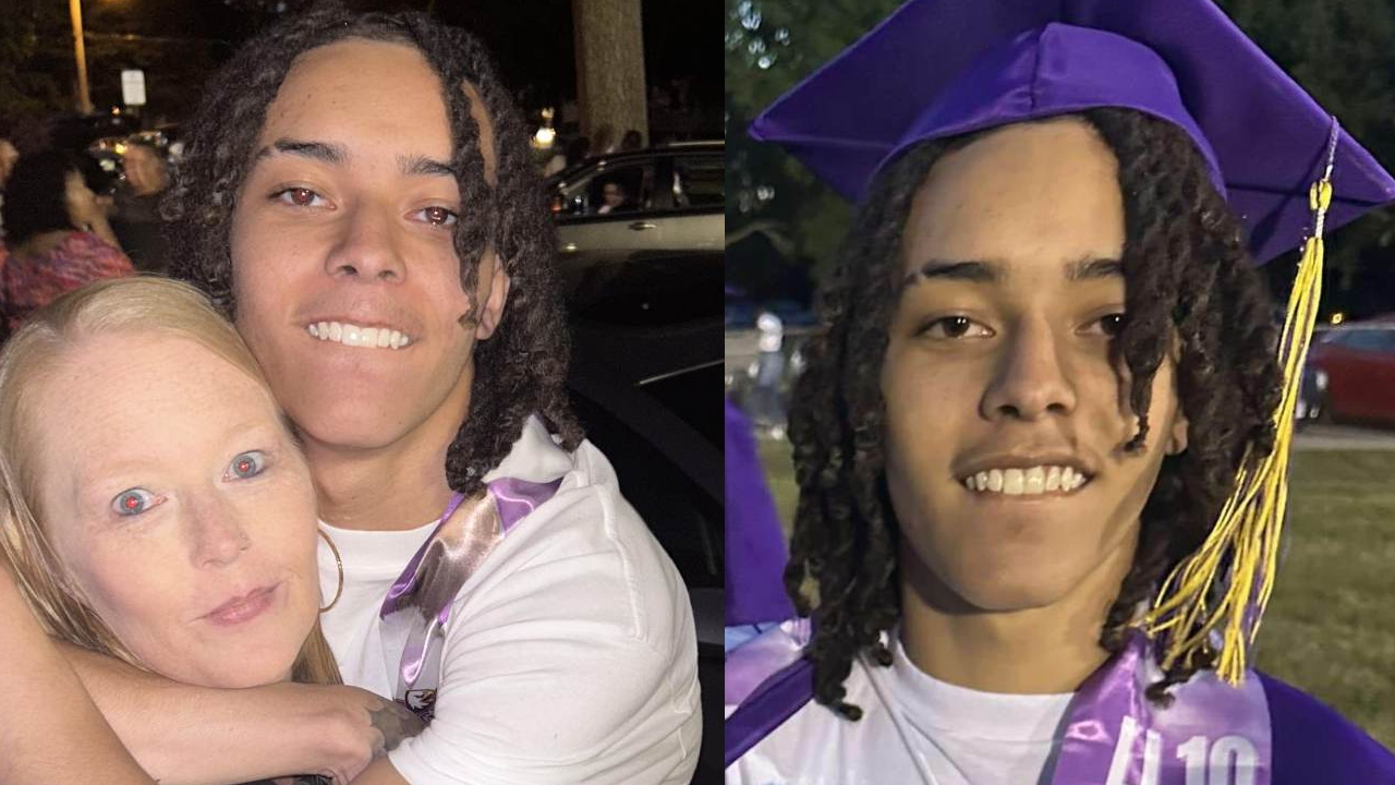 Jordan Richardson, a young Black man, pictured hugging his white mother on the right. On the left, he is pictured at high school graduation, wearing purple robes and a purple cap with a gold tassel.