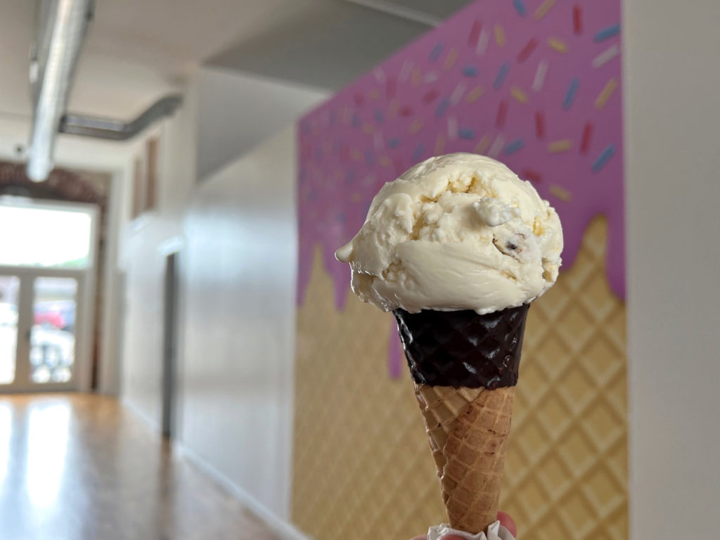 Cookie dough ice cream in a waffle cone inside the Main Scoop in Monticello. Photo by Alyssa Buckley.