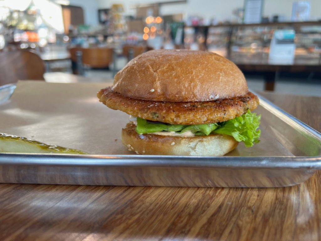 Martinelli's Market chickpea smashburger is one vegan food offering for the Vegan Chef Challenge 2023 in Champaign, Illinois. Photo by Alyssa Buckley.