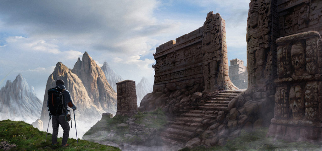 Digital art showing a lost civilization. A man stands in the foreground facing large ruins and mountains 