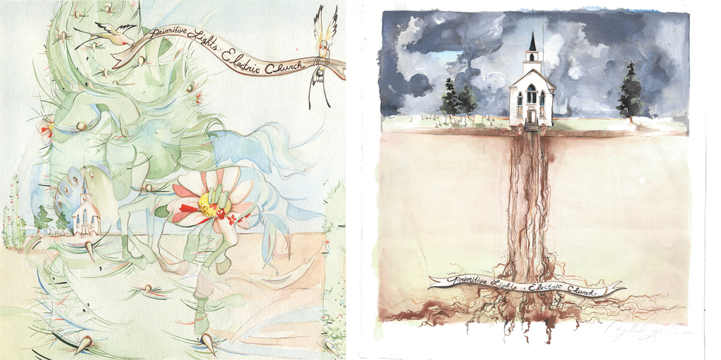 Two artistic drawing depicting both covers available for Primitives Light's album The Electric Church