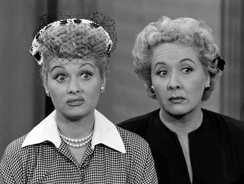 A black and white close up of Lucille Ball and Ethel from I Love Lucy. 