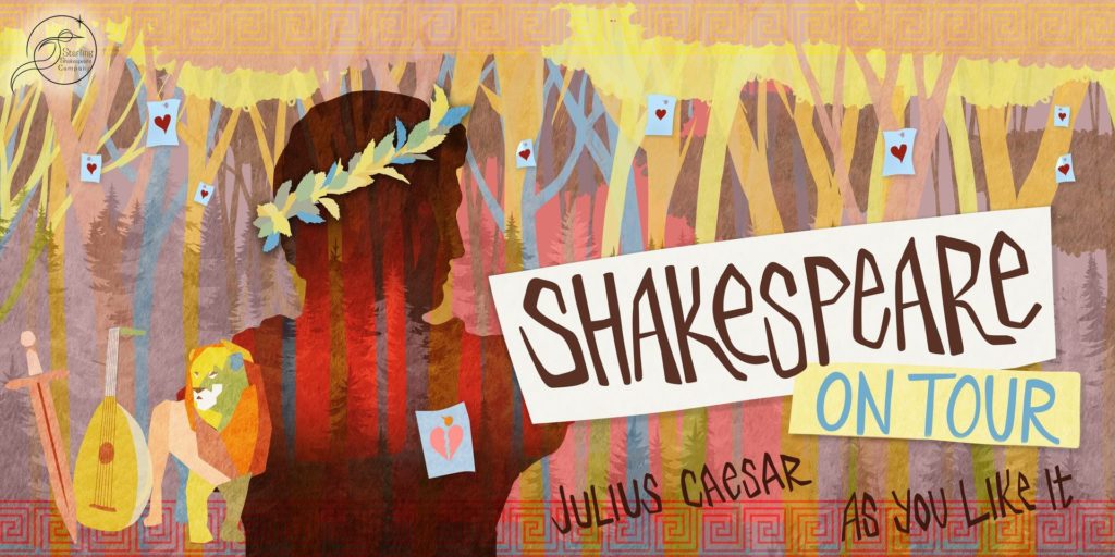 an abstract poster; the background features vertical intertwining lines in yellow and pastels; an outline of Caesar is in the foreground. Text reads Shakespeare on Tour
