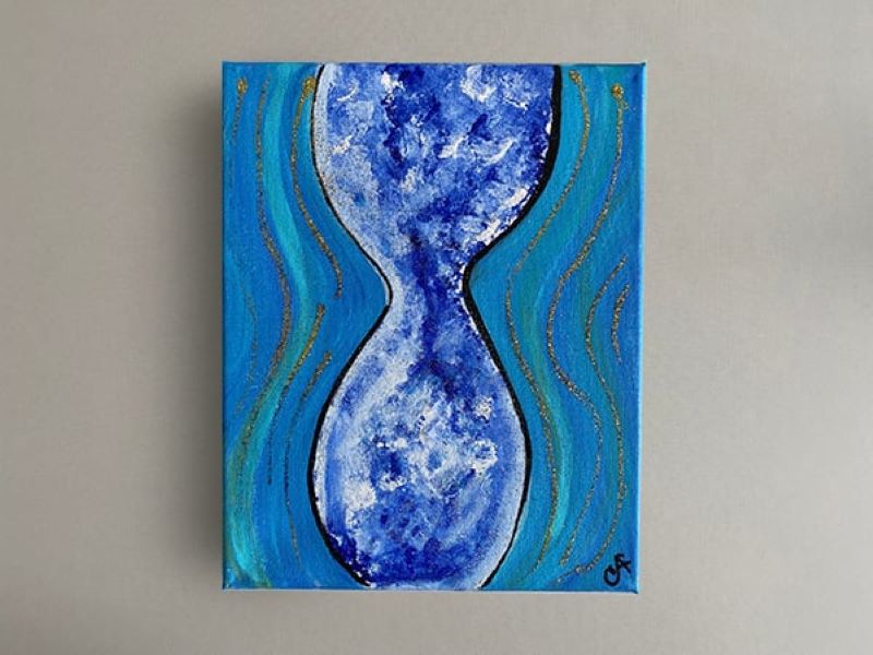 An abstract painting with an hourglass shape in the center, filled in with blue and white. The painting has a turquoise background with wavy light blue, green, and brown lines radiating from the shape.