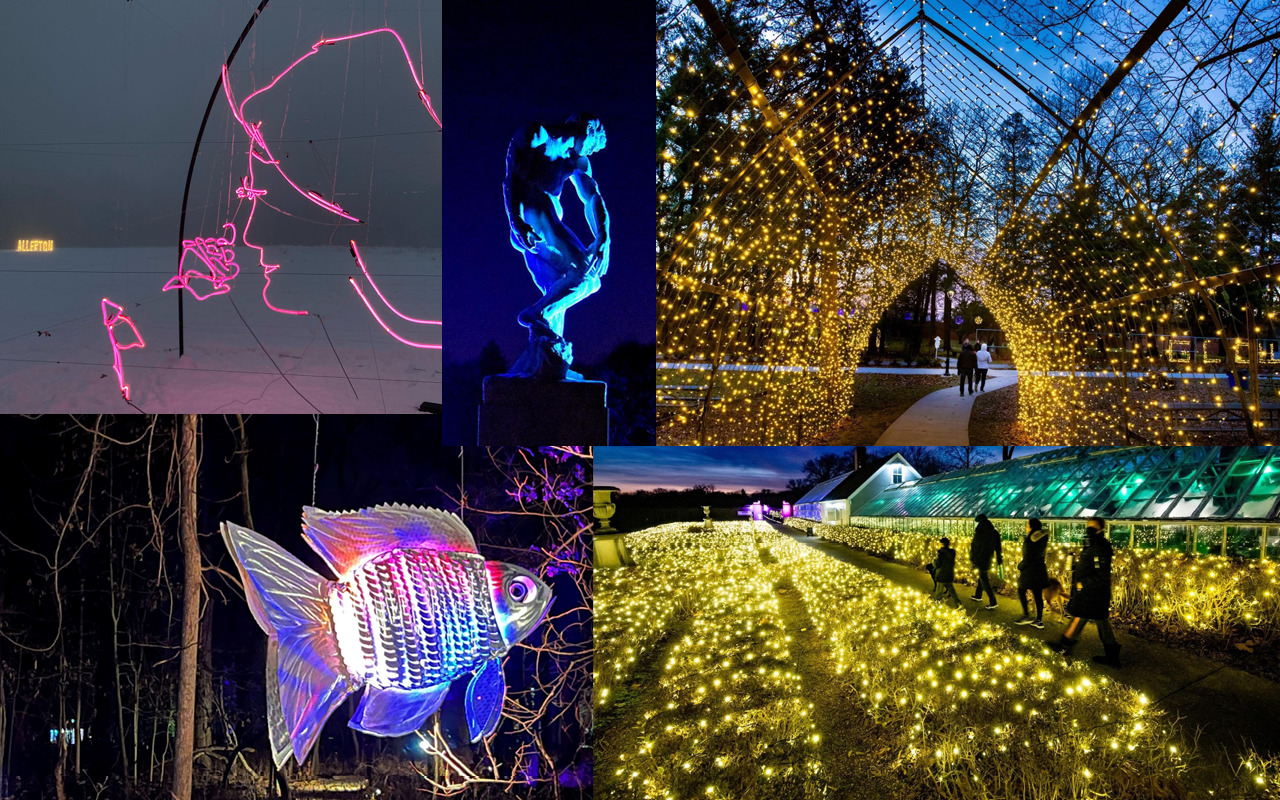 A collage of outdoor light sculptures from Allerton's holiday GLOW. Included are large light up fish, a field covered in yellow lights, a yellow archway tunnel, a woman looking at a flower made from lights, and an outdoor sculpture with blue lighting