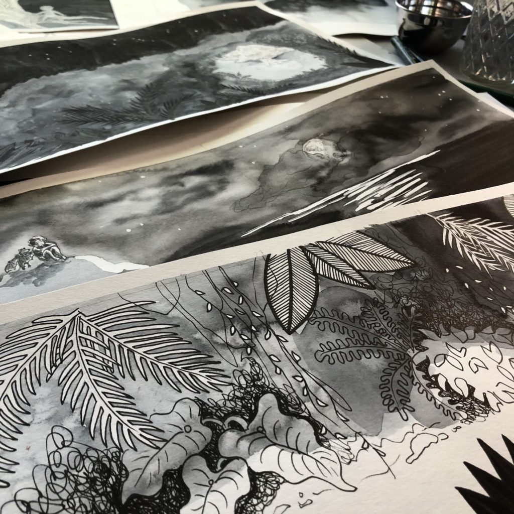 Illustrations in progress by Vivian Krishnan of her Kula in the Sky. The illustrations are laying on top of one another so you cannot see any complete image. They are black and white depicting outdoors; mostly leaves and trees