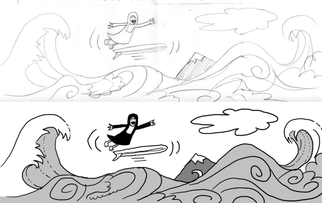 A two picture collage showing a floating nun above a wave. The top image shows a rough sketch and the bottom image shows the filled in version. 