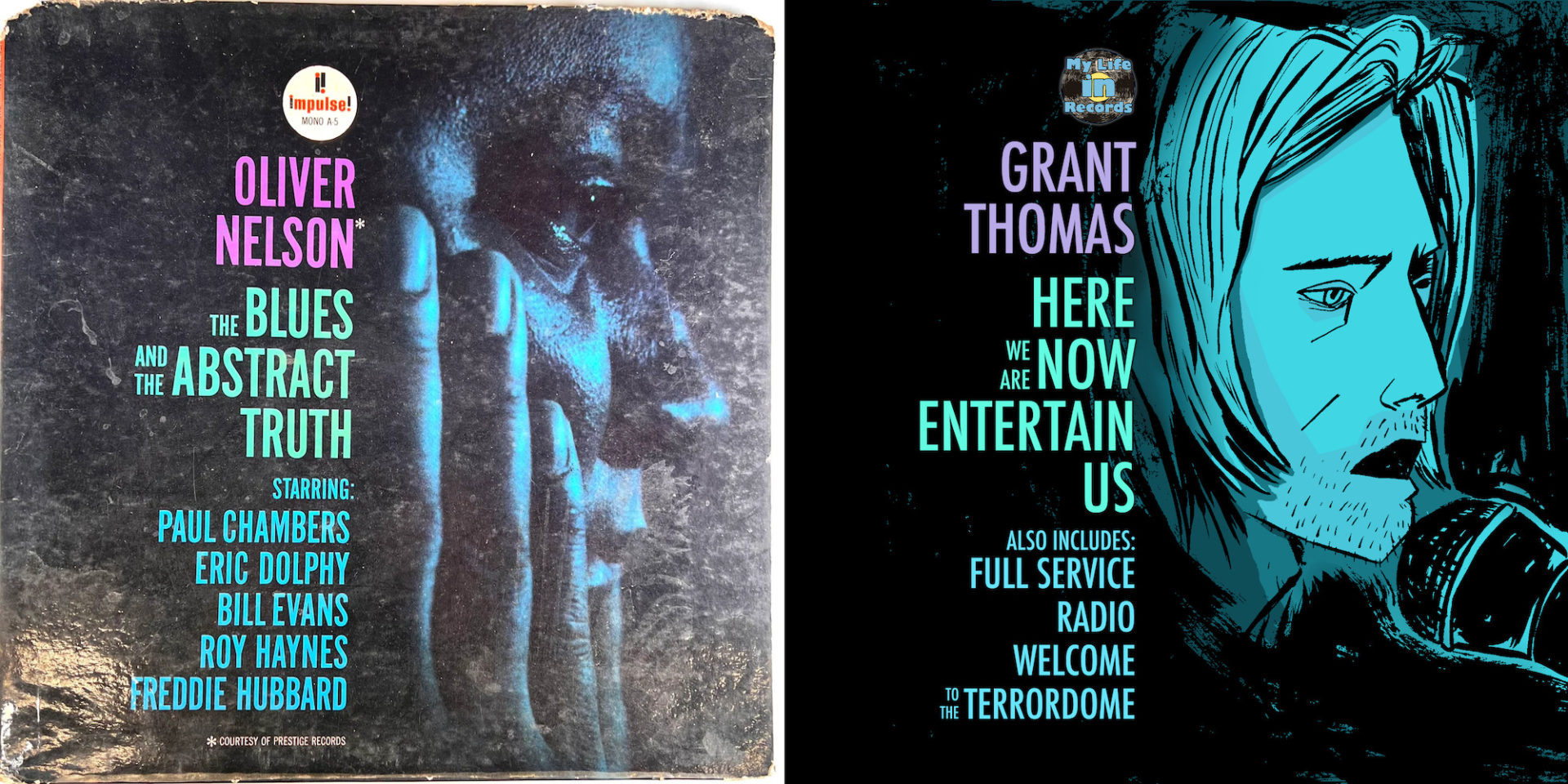A two picture collage. On the left is the cover of Oliver Nelson's "Blues and the abstract truth" album. On the right is Thomas' issue number 6, clearly inspired by the Nelson album. It features the same multi-colored fonts on the left with a profile of a man on the right. 