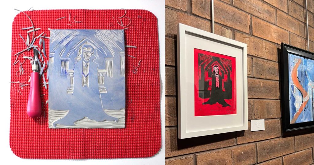 Grant Thomas shows his dracula print in process on the left, and finished on the right, framed and hanging on a brick gallery wall 