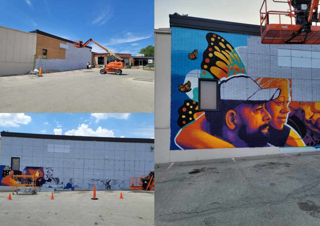A three photo collage shows the various stages of completions of the CUPHD mural, starting with painting the large brick wall white, then mapping out the mural using a grid. 