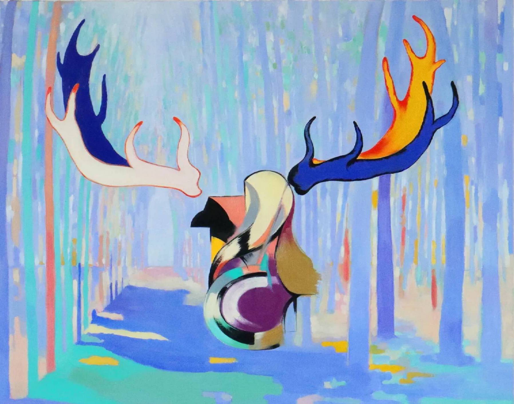 An abstract painting of a deer head and antlers in a forest. The forest is pastel blue and turquoise. The deer head is made up of various shapes, and is darker than the forest.