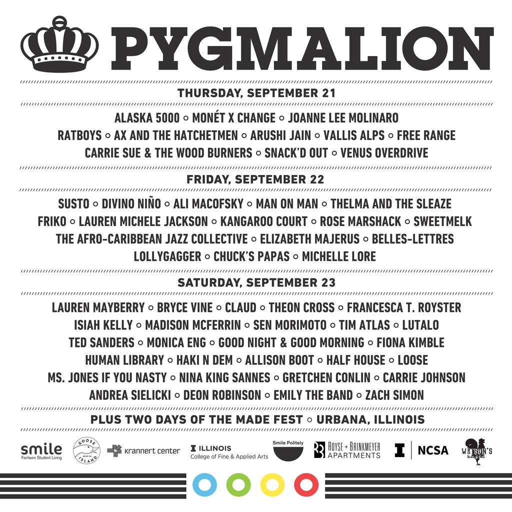 A poster that lists all of the musical acts for the 2023 Pygmalion.