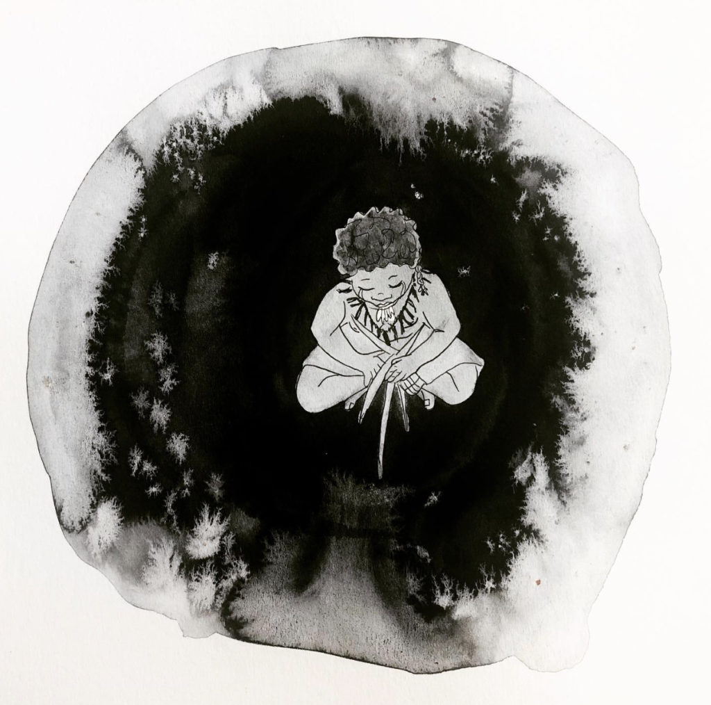 An illustration from Kula in the Sky. A round, black and white depiction with a young girl sitting cross legged and looking down in the middle, surrounded by a large black circle background.