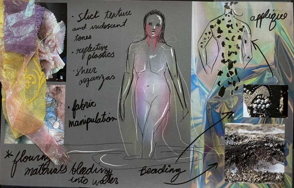 Tongue River Costume Rendering; it features scribbles, fabric swatches and sketches