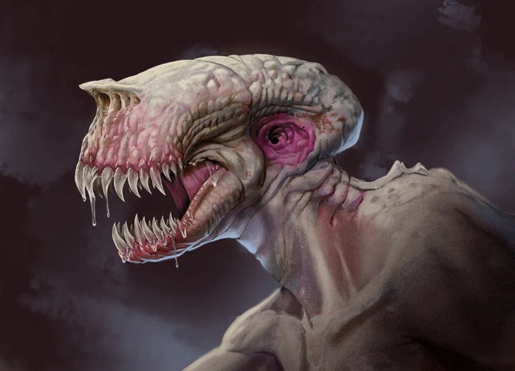 Digital drawing by Jose Vazquez showing a tan and pink monster. It has a large head, skeletal like body, eyes sit at the back of it's head and lots of sharp teeth. It resembles a terrifying alien. 